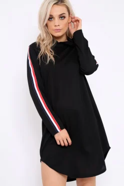 Rebellious Fashion Black Sleeve Sports Trim Curve Hem Jumper Dress - Dixie