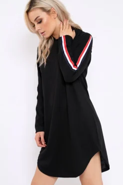 Rebellious Fashion Black Sleeve Sports Trim Curve Hem Jumper Dress - Dixie
