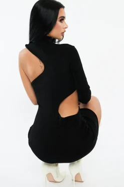 Rebellious Fashion Black Slinky Cut Out One Sleeve Mini Dress - Rubee