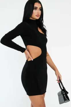 Rebellious Fashion Black Slinky Cut Out One Sleeve Mini Dress - Rubee
