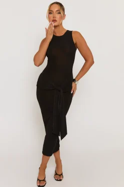 Rebellious Fashion Black Slinky Racer Neck Tie Front Midaxi Dress - Azalaya