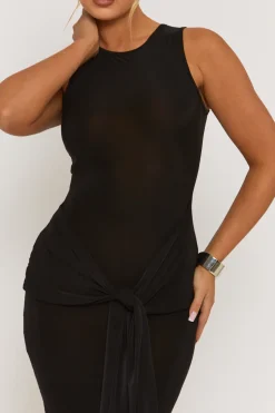 Rebellious Fashion Black Slinky Racer Neck Tie Front Midaxi Dress - Azalaya
