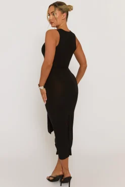 Rebellious Fashion Black Slinky Racer Neck Tie Front Midaxi Dress - Azalaya