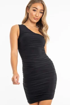 Rebellious Fashion Black Slinky Ruched Detail One Shoulder Midi Dress - Rumi