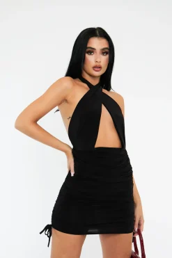 Rebellious Fashion Black Slinky Ruched Halter Neck Mini Dress - Raylinn
