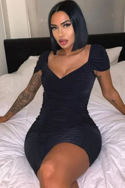 Rebellious Fashion Black Slinky Ruched Wrap Neckline Bodycon Dress - Helsa