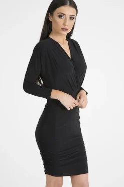 Rebellious Fashion Black Slinky Side Ruched Dress - Avery