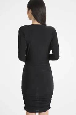 Rebellious Fashion Black Slinky Side Ruched Dress - Avery