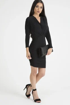 Rebellious Fashion Black Slinky Side Ruched Dress - Avery