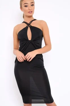 Rebellious Fashion Black Slinky Twist Front Bodycon Midi Dress - Lisa