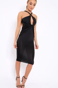 Rebellious Fashion Black Slinky Twist Front Bodycon Midi Dress - Lisa