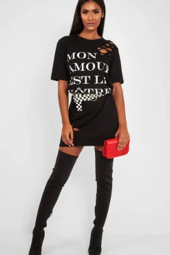 Rebellious Fashion Black Slogan Distressed T-Shirt Dress - Ashlen