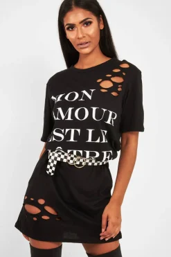 Rebellious Fashion Black Slogan Distressed T-Shirt Dress - Ashlen