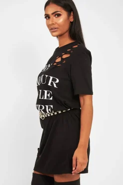 Rebellious Fashion Black Slogan Distressed T-Shirt Dress - Ashlen