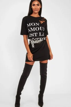 Rebellious Fashion Black Slogan Distressed T-Shirt Dress - Ashlen