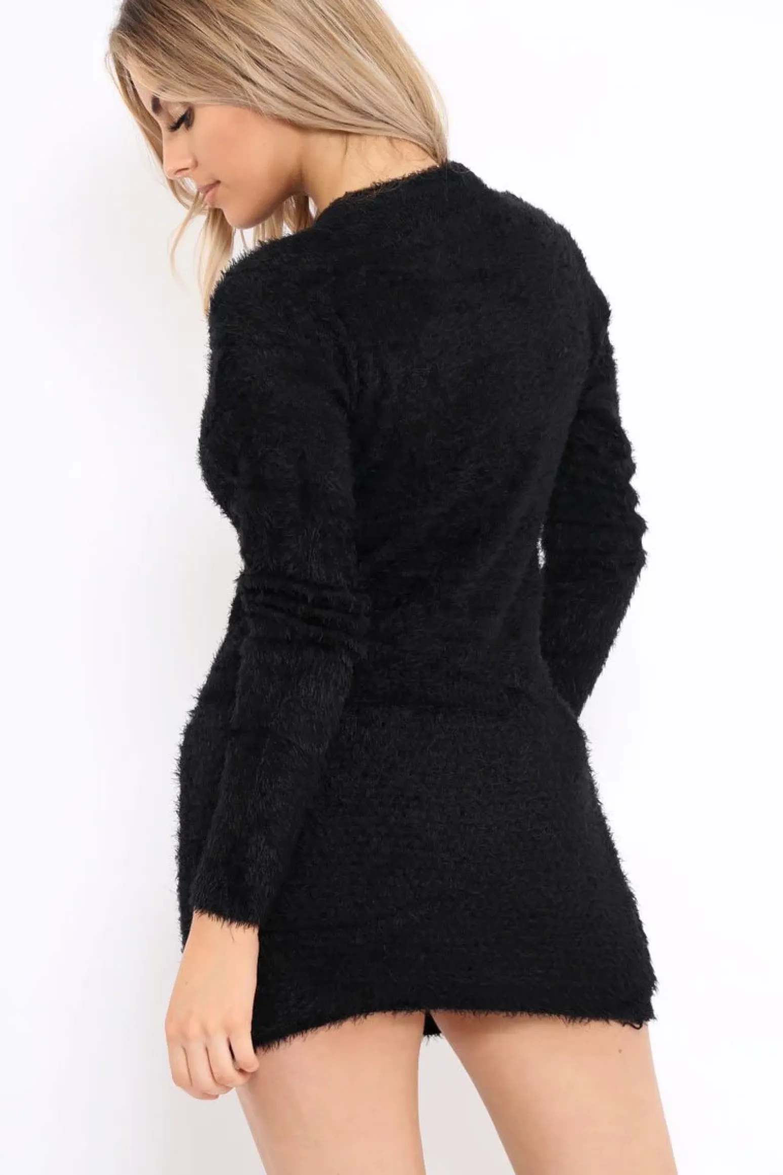 Rebellious Fashion Black Soft Fur Knit Jumper Dress - Beck