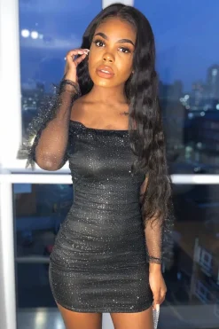 Rebellious Fashion Black Sparkle Mesh Ruched Bodycon Dress - Idell