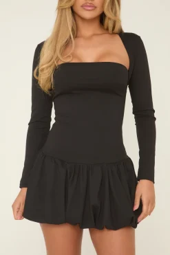Rebellious Fashion Black Square Neck Long Sleeves Puffball Mini Dress - Glenda