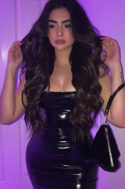Rebellious Fashion Black Straight Neck Vinyl Bodycon Dress - Keydi