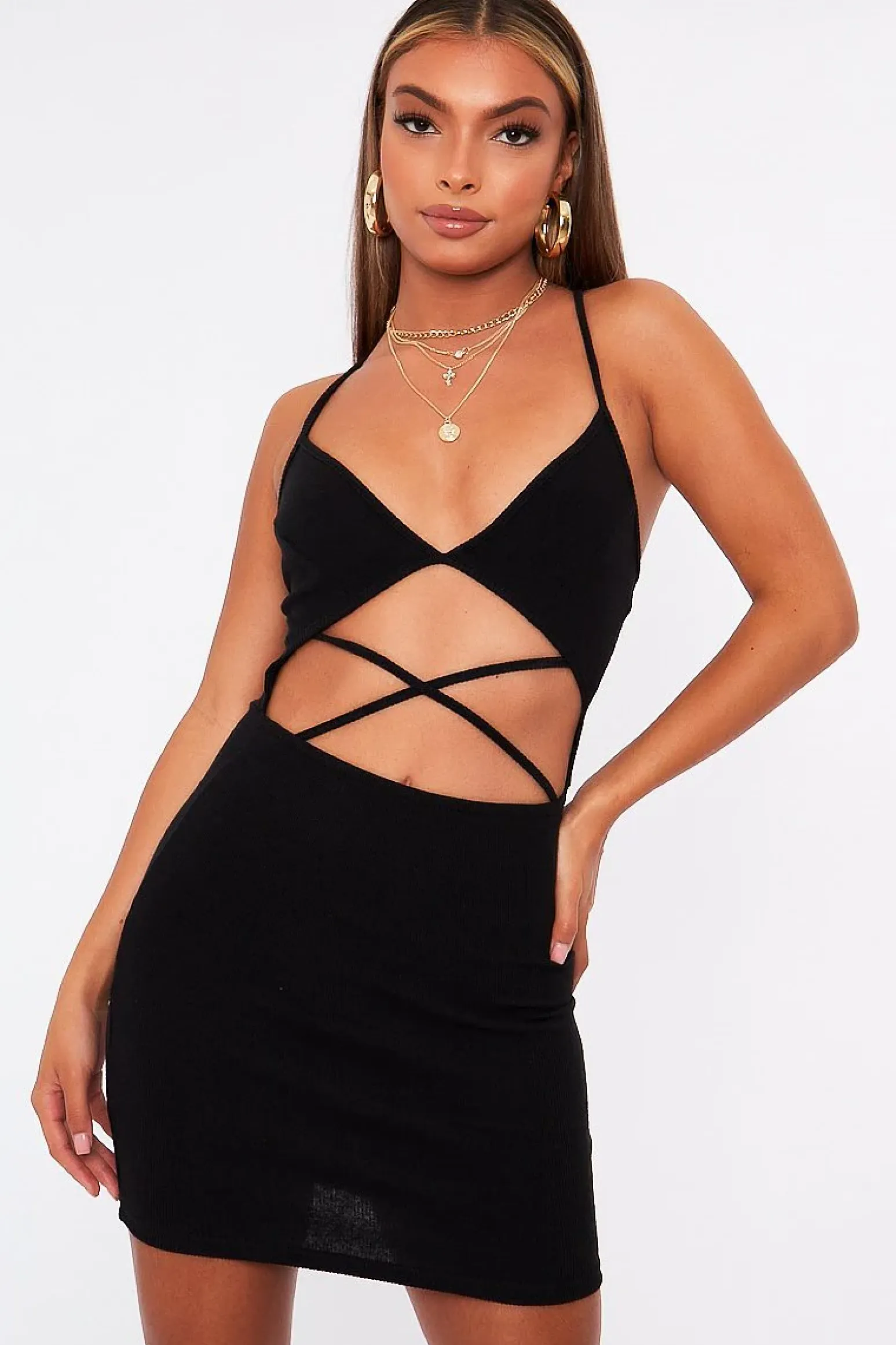 Rebellious Fashion Black Strappy Front Cut Out Ribbed Mini Dress - Riata