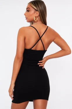 Rebellious Fashion Black Strappy Front Cut Out Ribbed Mini Dress - Riata
