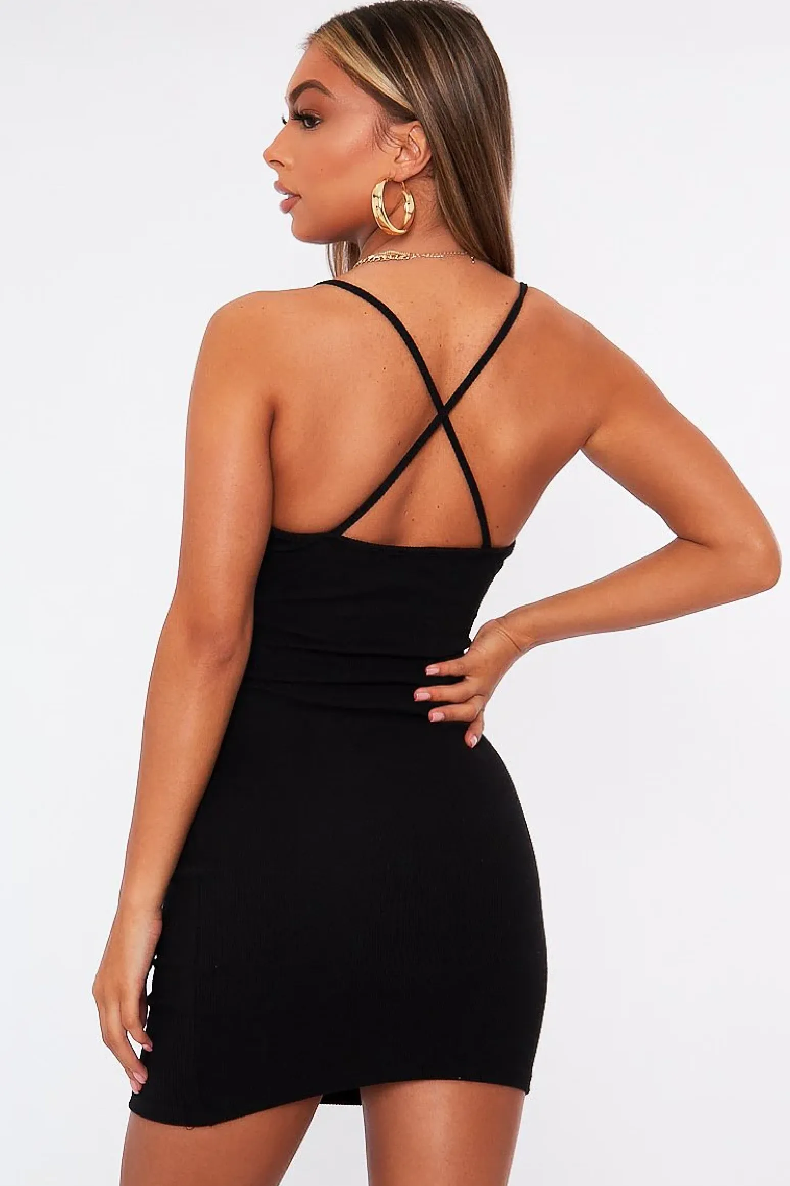 Rebellious Fashion Black Strappy Front Cut Out Ribbed Mini Dress - Riata