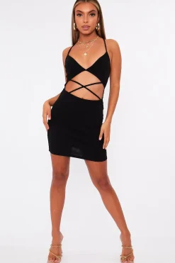Rebellious Fashion Black Strappy Front Cut Out Ribbed Mini Dress - Riata