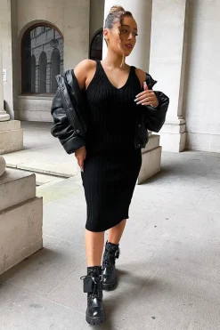 Rebellious Fashion Black Strappy Knit Midi Dress - Graciella