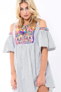 Rebellious Fashion Black Stripe Cold Shoulder Shift Dress with Aztec Embroidery - Elodie