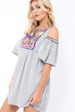 Rebellious Fashion Black Stripe Cold Shoulder Shift Dress with Aztec Embroidery - Elodie