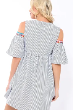 Rebellious Fashion Black Stripe Cold Shoulder Shift Dress with Aztec Embroidery - Elodie