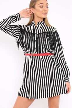Rebellious Fashion Black Stripe Tassel Shirt Dress -Imo