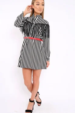 Rebellious Fashion Black Stripe Tassel Shirt Dress -Imo