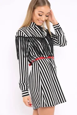 Rebellious Fashion Black Stripe Tassel Shirt Dress -Imo