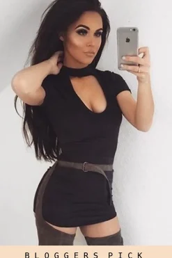 Rebellious Fashion Black Suede Choker Neck Dress - Alani