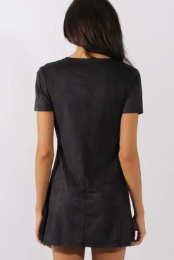Rebellious Fashion Black Suede Lace Up Eyelet Skater Dress - Desire