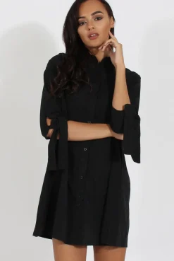 Rebellious Fashion Black Suede Tie Cuff Oversized Shirt Dress - Deborah