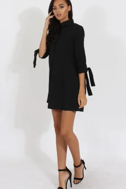 Rebellious Fashion Black Suede Tie Cuff Oversized Shirt Dress - Deborah