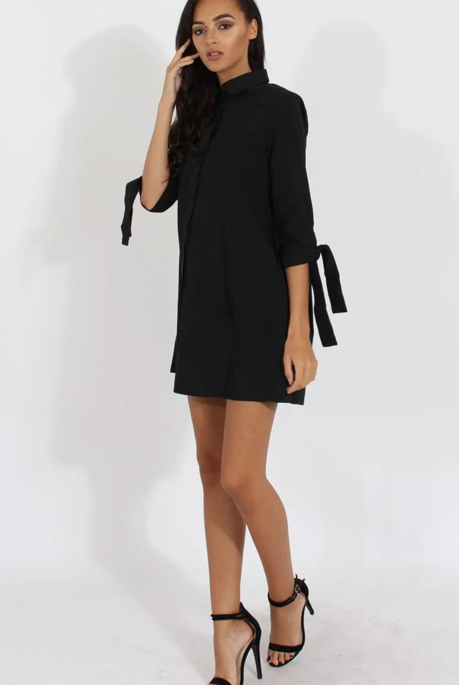 Rebellious Fashion Black Suede Tie Cuff Oversized Shirt Dress - Deborah