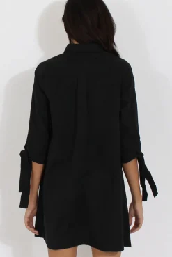 Rebellious Fashion Black Suede Tie Cuff Oversized Shirt Dress - Deborah