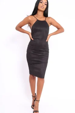 Rebellious Fashion Black Suedette Backless Bodycon Dress - Aaliya