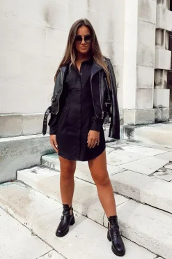 Rebellious Fashion Black Tailored Waist Long Sleeve Shirt Dress - Laritza