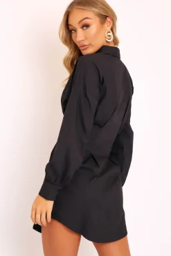 Rebellious Fashion Black Tailored Waist Long Sleeve Shirt Dress - Laritza