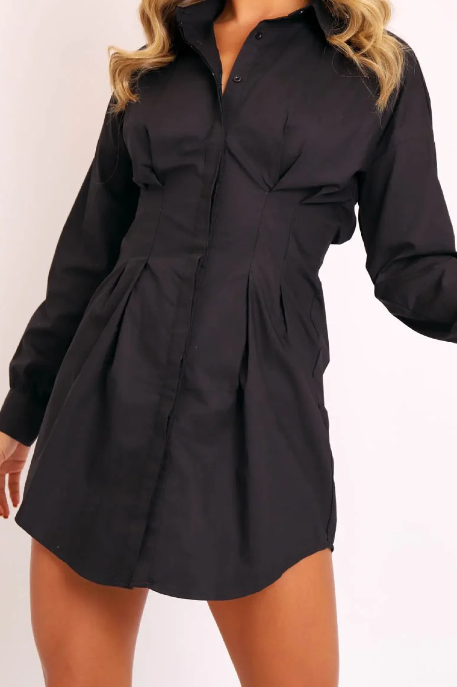 Rebellious Fashion Black Tailored Waist Long Sleeve Shirt Dress - Laritza