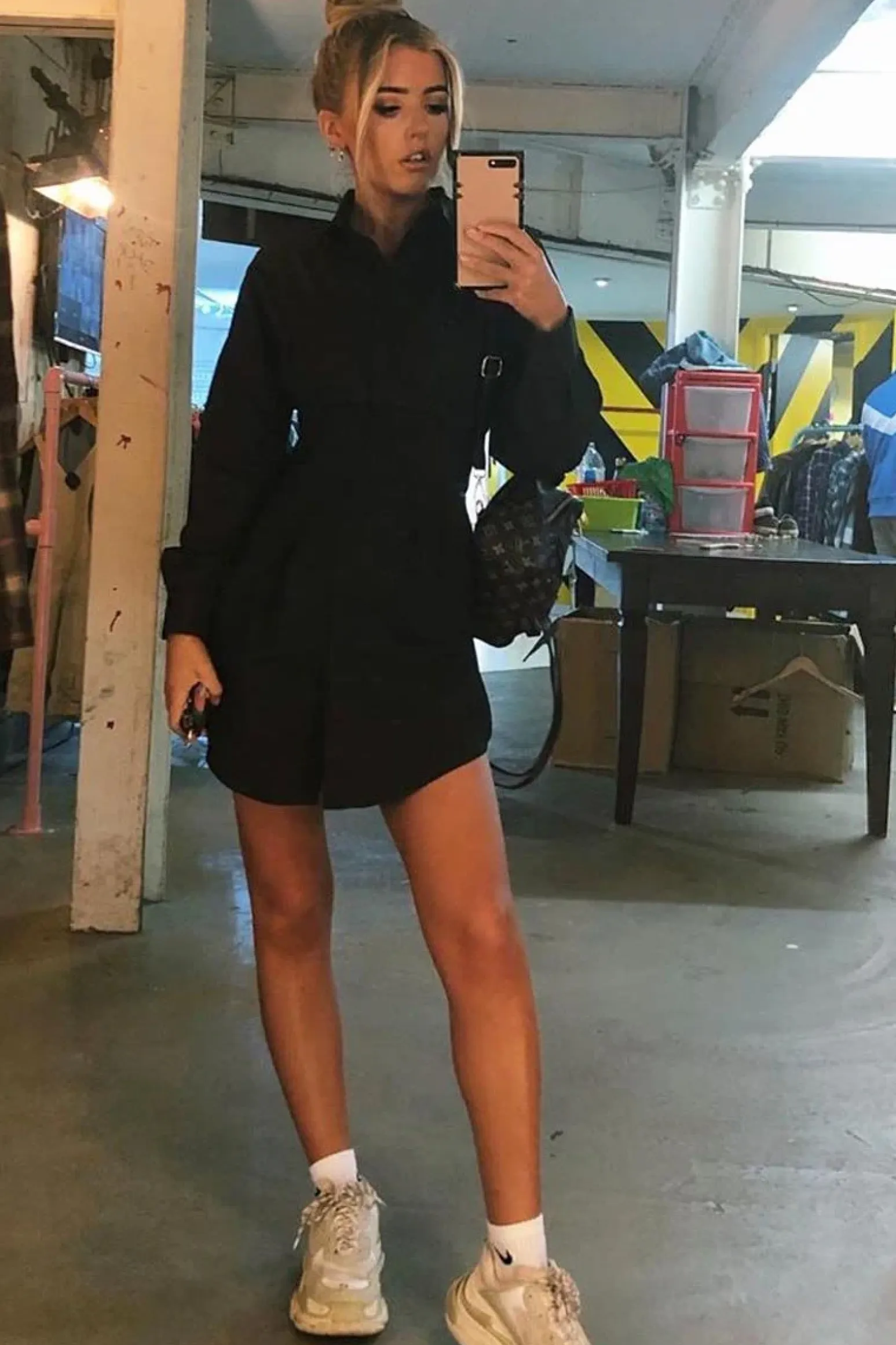 Rebellious Fashion Black Tailored Waist Long Sleeve Shirt Dress - Laritza
