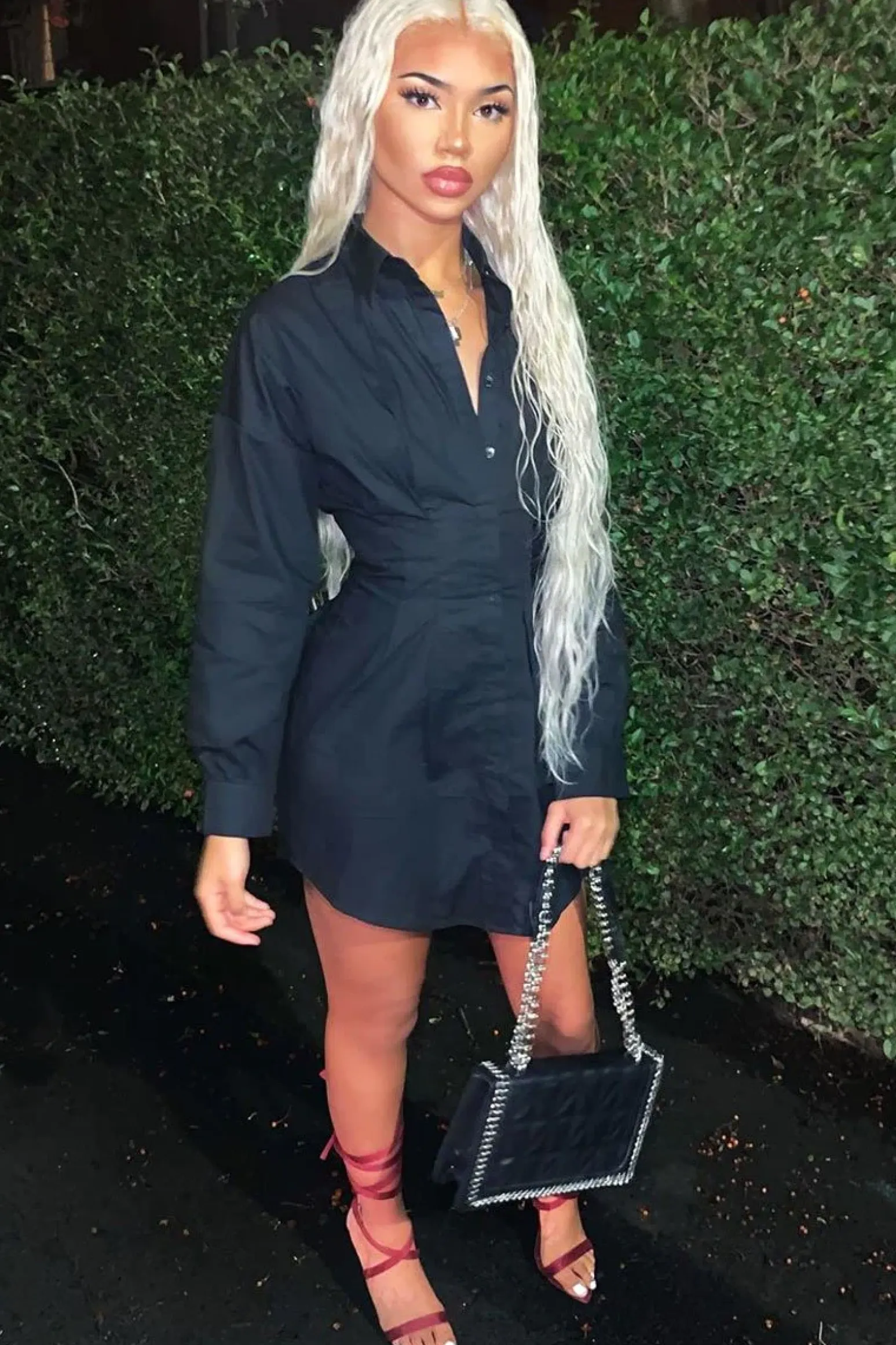 Rebellious Fashion Black Tailored Waist Long Sleeve Shirt Dress - Laritza