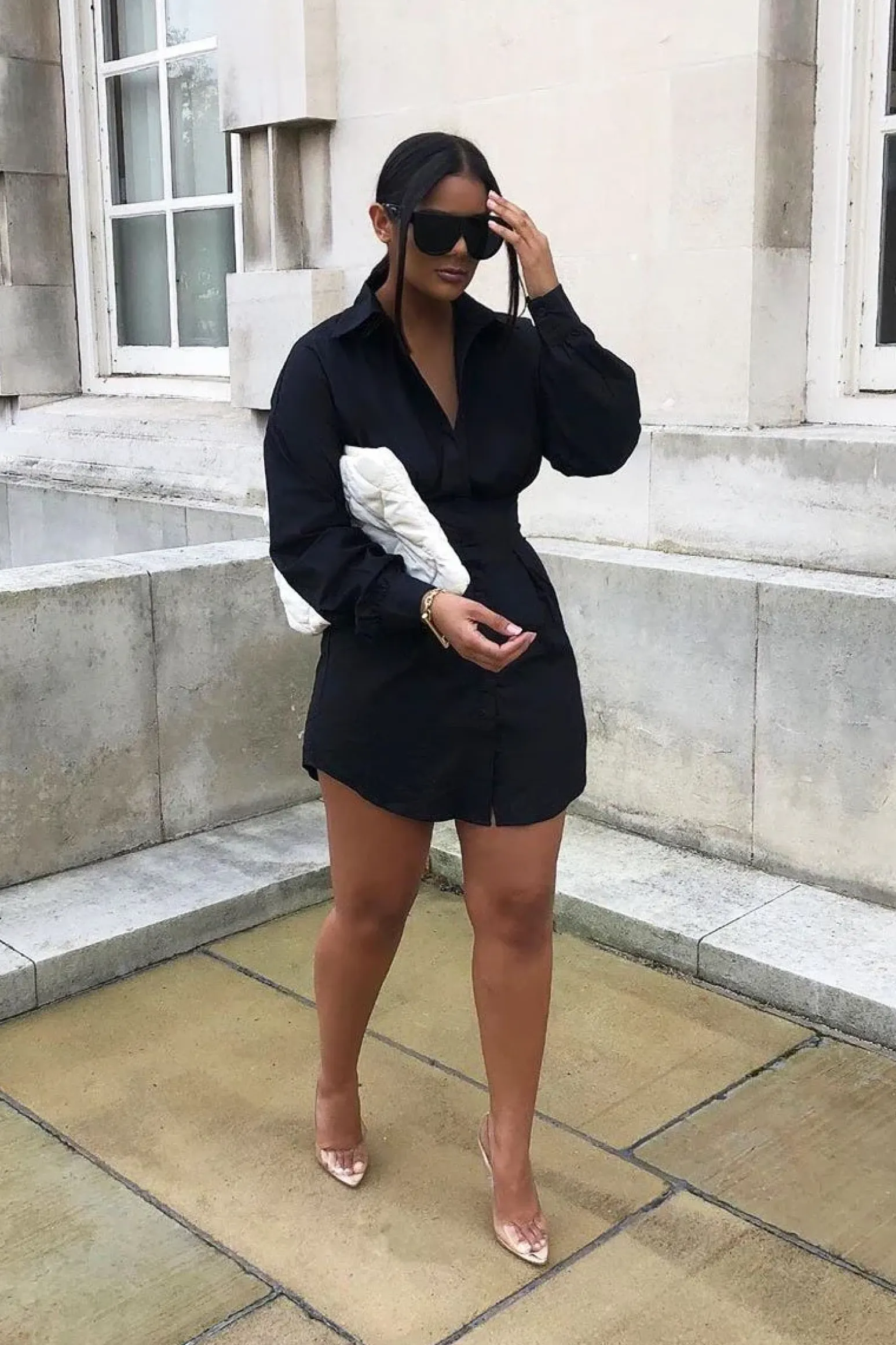 Rebellious Fashion Black Tailored Waist Long Sleeve Shirt Dress - Laritza