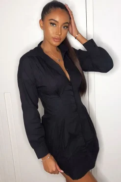 Rebellious Fashion Black Tailored Waist Long Sleeve Shirt Dress - Laritza