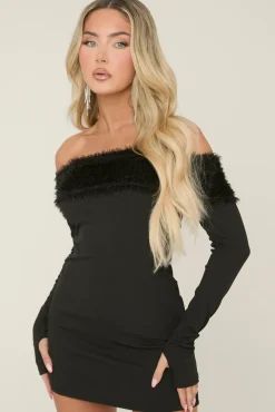 Rebellious Fashion Black Textured Fold Down Mini Dress - Megan