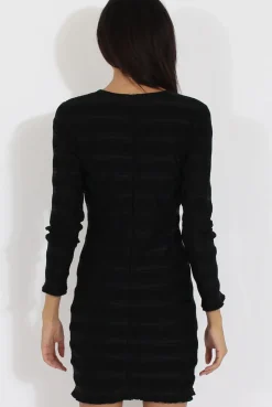 Rebellious Fashion Black Textured V Neck Bodycon Dress - Salome